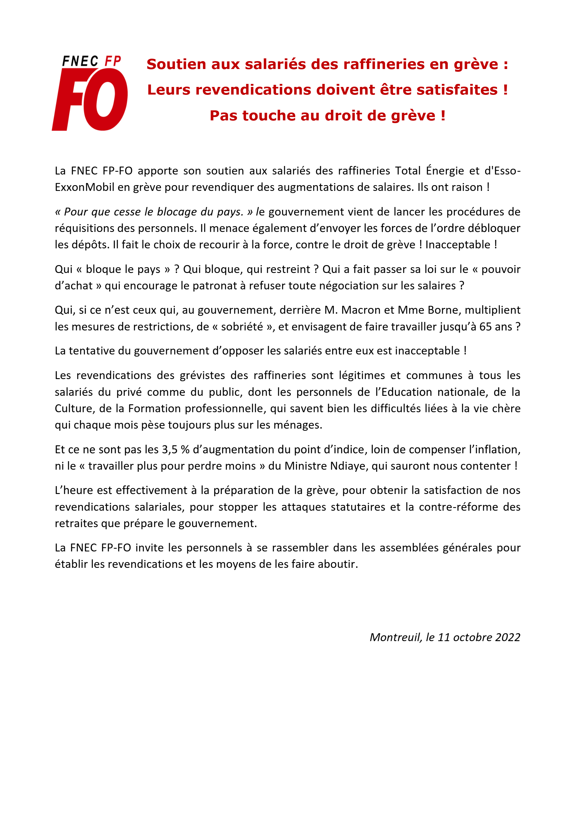 Negociation Total Energie Soutien aux salariés des raffineries en grève : Leurs revendications  doivent être satisfaites ! Pas touche au droit de grève ! - SNUDI FO 63